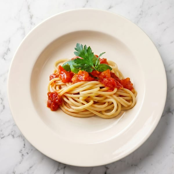 Spaghetti with chunky red tomato sauce and fresh green herbs on a cream plate.