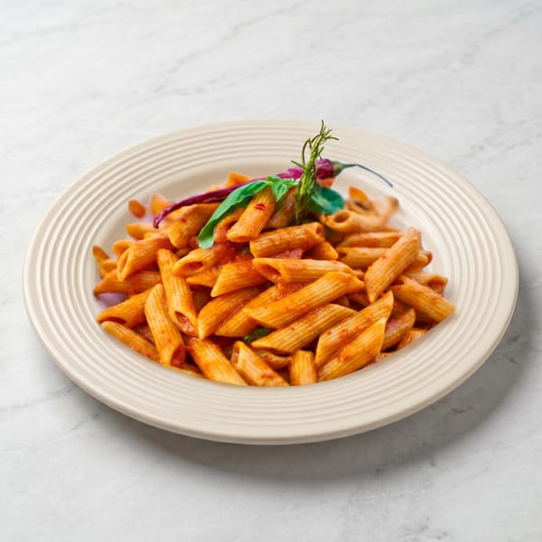 Penne pasta in red sauce, garnished with basil, rosemary, and a red chili on a white plate.