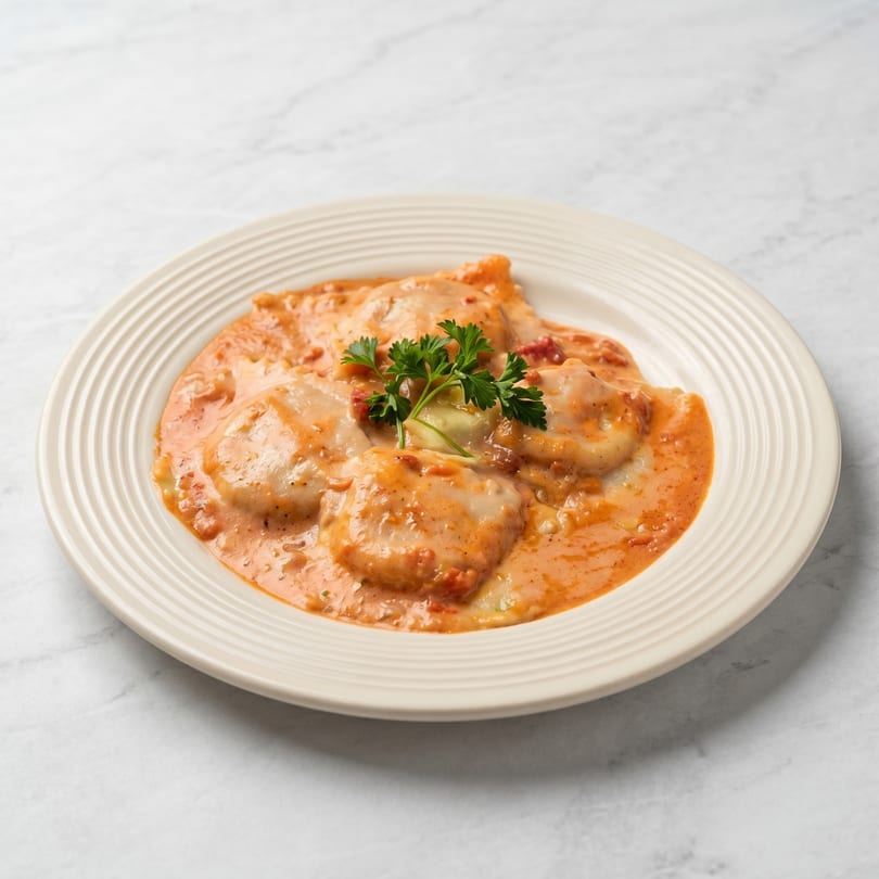 Ravioli pasta in a creamy tomato sauce, garnished with fresh parsley on a white plate.