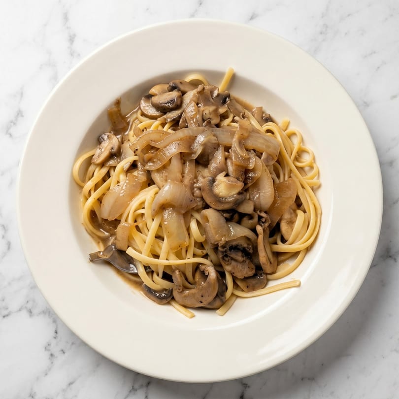 Linguine pasta with sautéed mushrooms and onions in a light sauce, served in a white bowl.