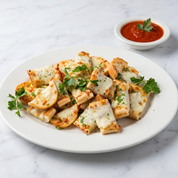 Cheesy breadsticks with parsley on a white plate, with a side of marinara sauce.