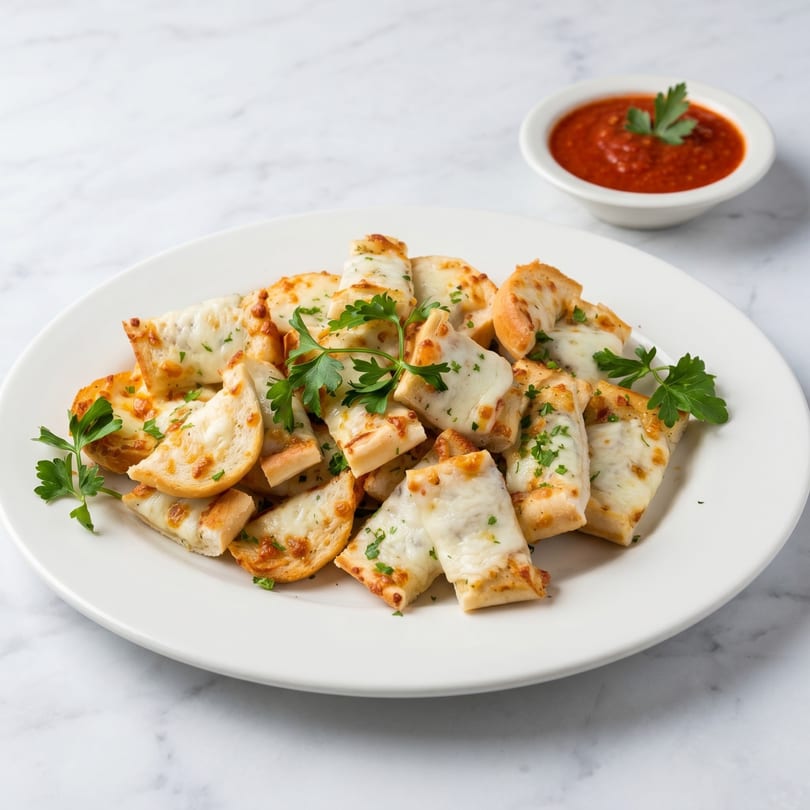 Cheesy breadsticks with parsley on a white plate, with a side of marinara sauce.