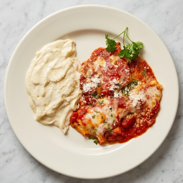 Baked ravioli with marinara sauce, melted cheese, parsley, and a side of creamy mashed potatoes.